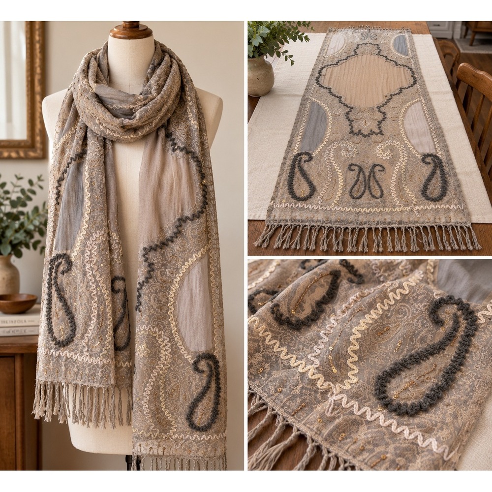 Ahujasons Merino Wool Embroidered Paisley Scarf Grey Sequin Pashmina Art Deco 70